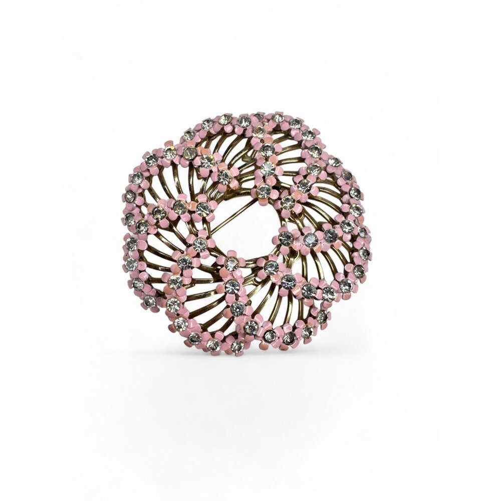 Vintage Pink Enamel Clear Rhinestone Floral Brooch Clip On Earrings Set - Picture 2 of 11